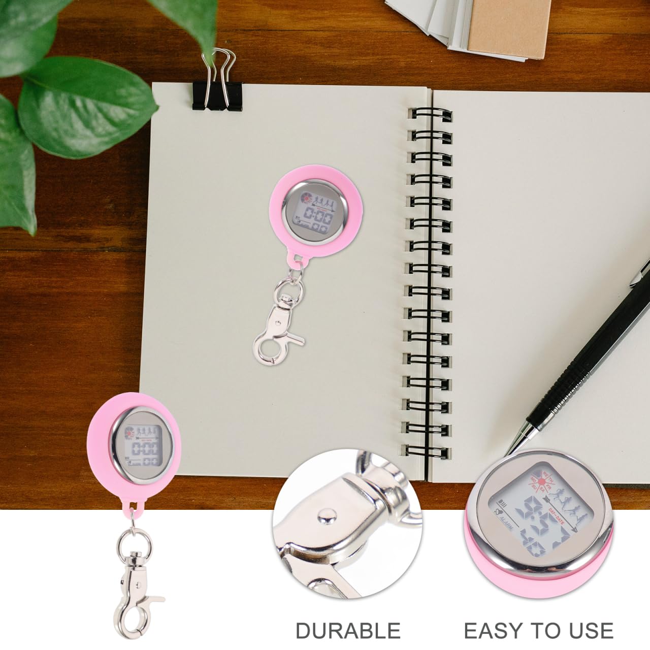Didiseaon Electronic Nurse Table Digital Pocket Watch with Stopwatch Timer Night Light Calendar Alarm Clip Chest Watch Alloy Pink 3.74 Inch for Home Use