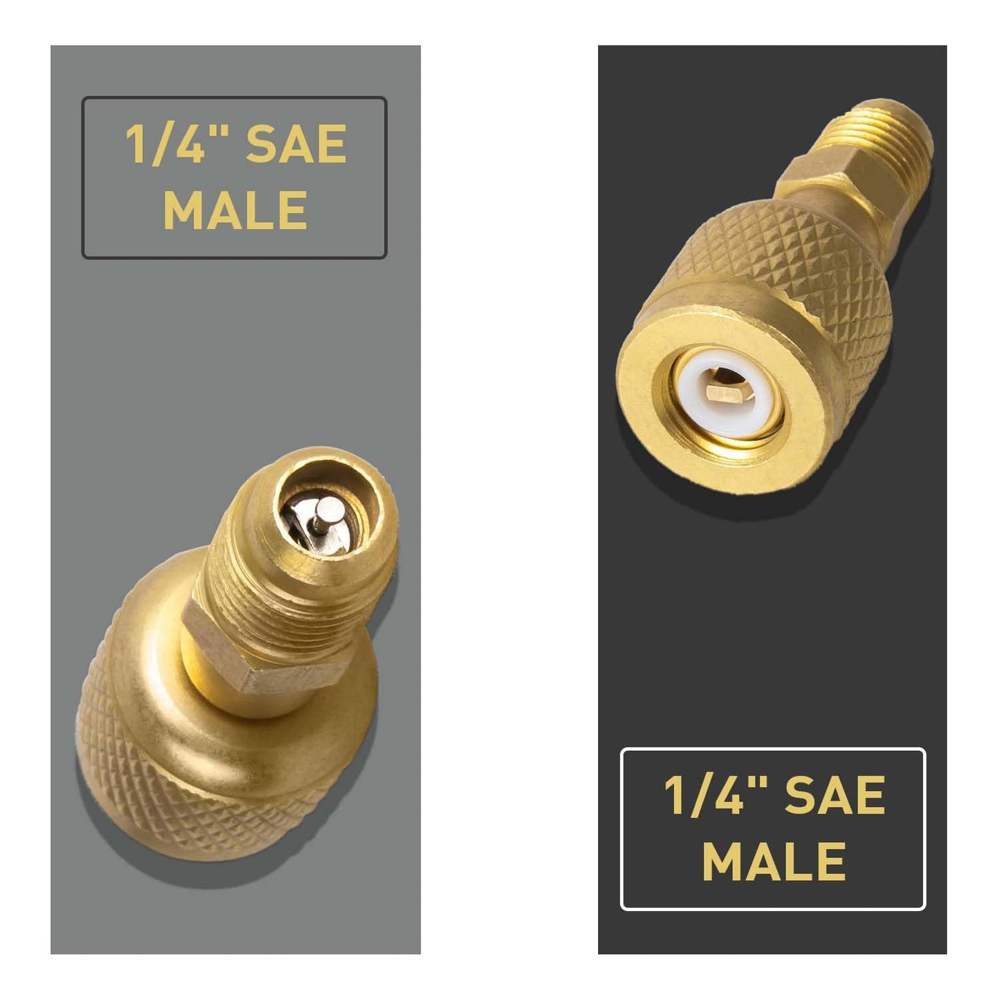 R32 R454B Brass Adapter, 1/4 Inch Female to 1/4 Inch Male Reverse Thread,for R-454B/R-32 A2L Refrigerant Adapter Set Tanks