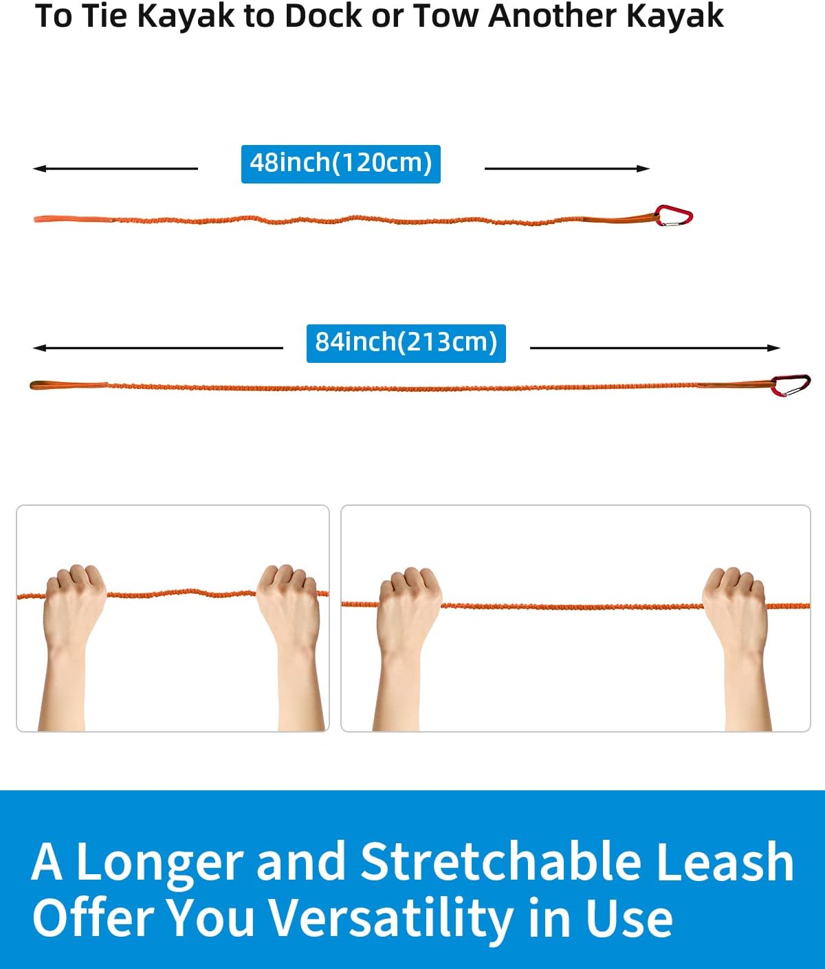 OCEANBROAD Kayak Paddle Leash - Stretchable Bungee Strap with D-Ring | 5-7 Feet Tangerine for SUP & Canoeing