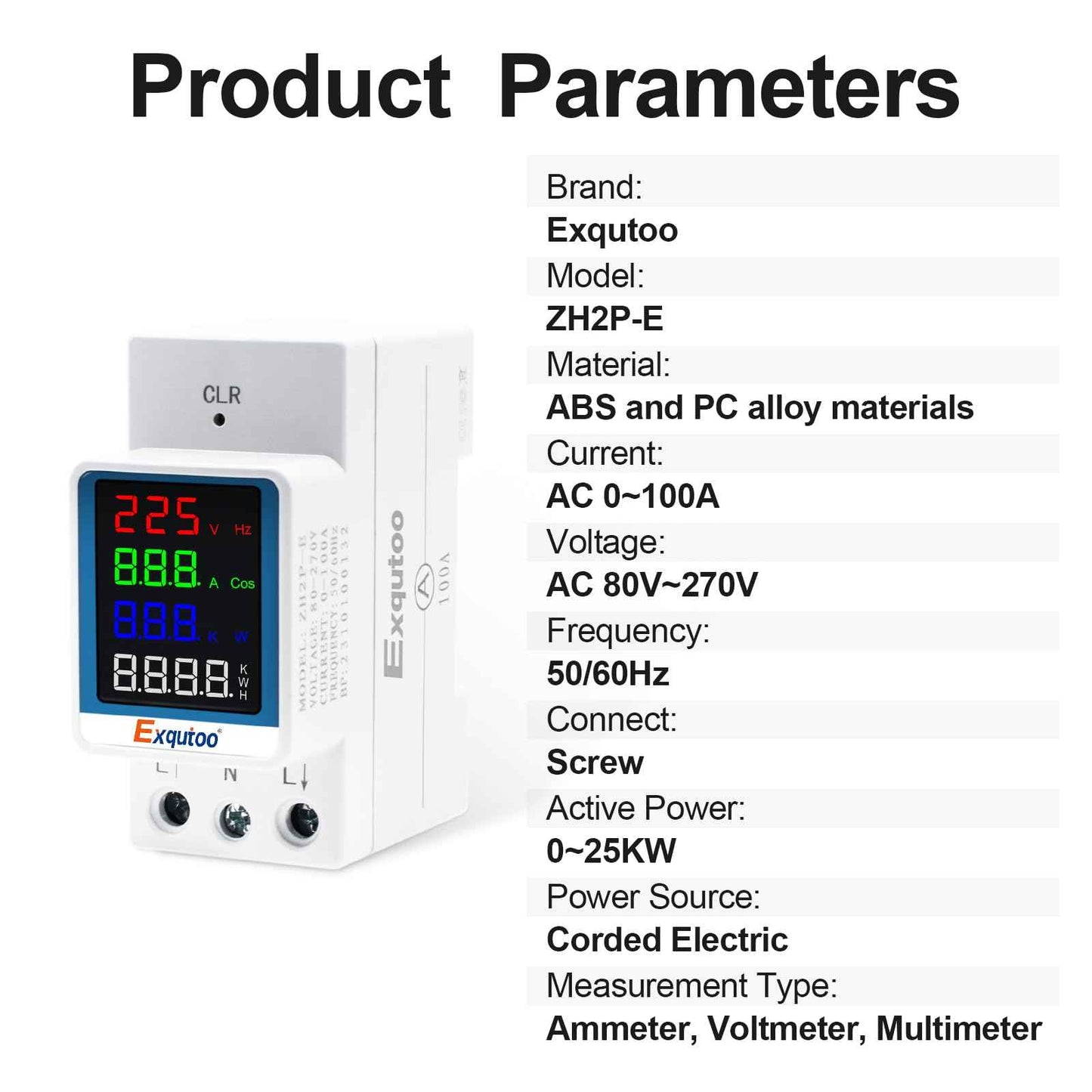 Exqutoo Multi-Function Energy Meter Color Digital Energy Meter - Measurement of AC Volts, Amps, Hertz, Watts, PF and Kilowatt-Hours - GT2P-E, AC 80~270V, 0~100A, 0~25KW, 50/60Hz, Rail-Mounted Meter