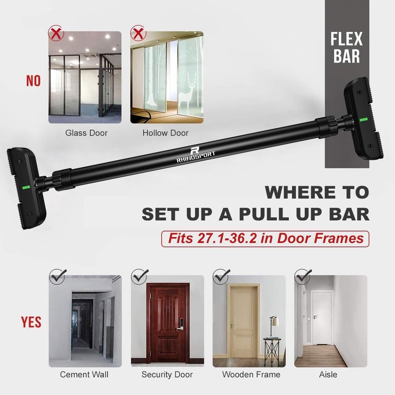 RHINOSPORT Door Pull Up Bar Doorway No-Screw from 69-92 cm (27.1in-36.2in) Workout Equipment for Home Gym Upper Body Workout Non-slip 2x EXTRA Foam Padding for Ultimate Door Frame Protection