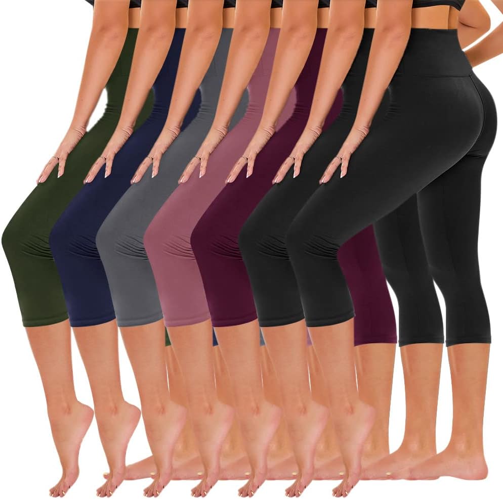 TNNZEET High Waisted Yoga Leggings for Women - 7 Pack with Pockets in Black | Full Length & Capri Options