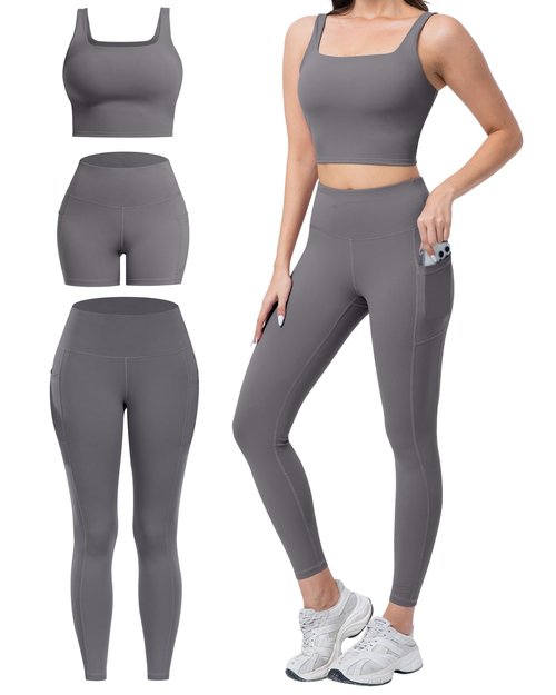 SALSPOR 3 Piece Workout Sets for Women High Waisted Leggings with Pockets Tummy Control Biker Shorts Yoga Sports Bra(3YFTZ-Gray-M)