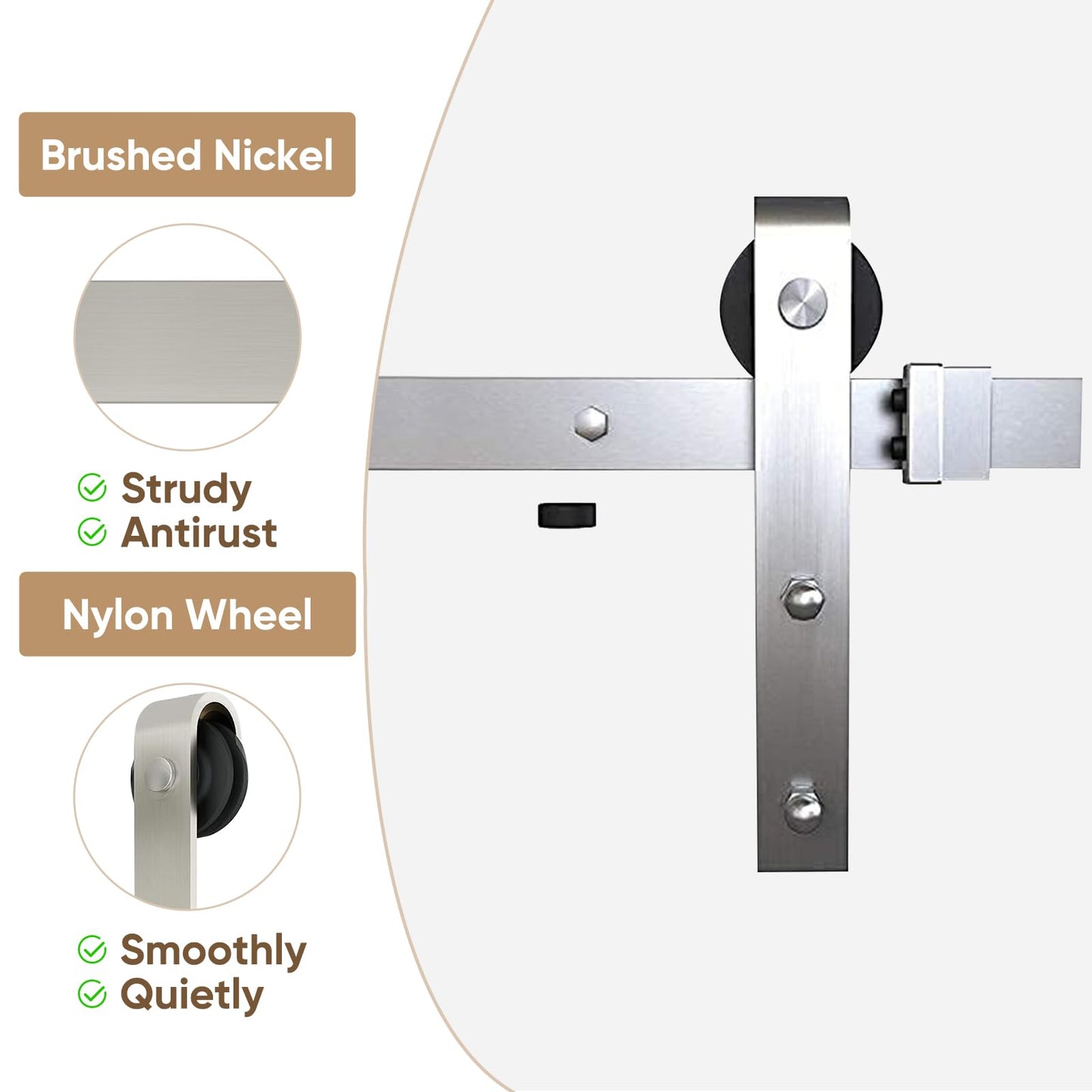 JUBEST 6.6FT Brushed Nickel Sliding Barn Door Hardware Kit Smoothly and Quietly J Shape Hanger Roller Flat Track Kit,Heavy Duty Nickle Barn Door Track,Easy to Install