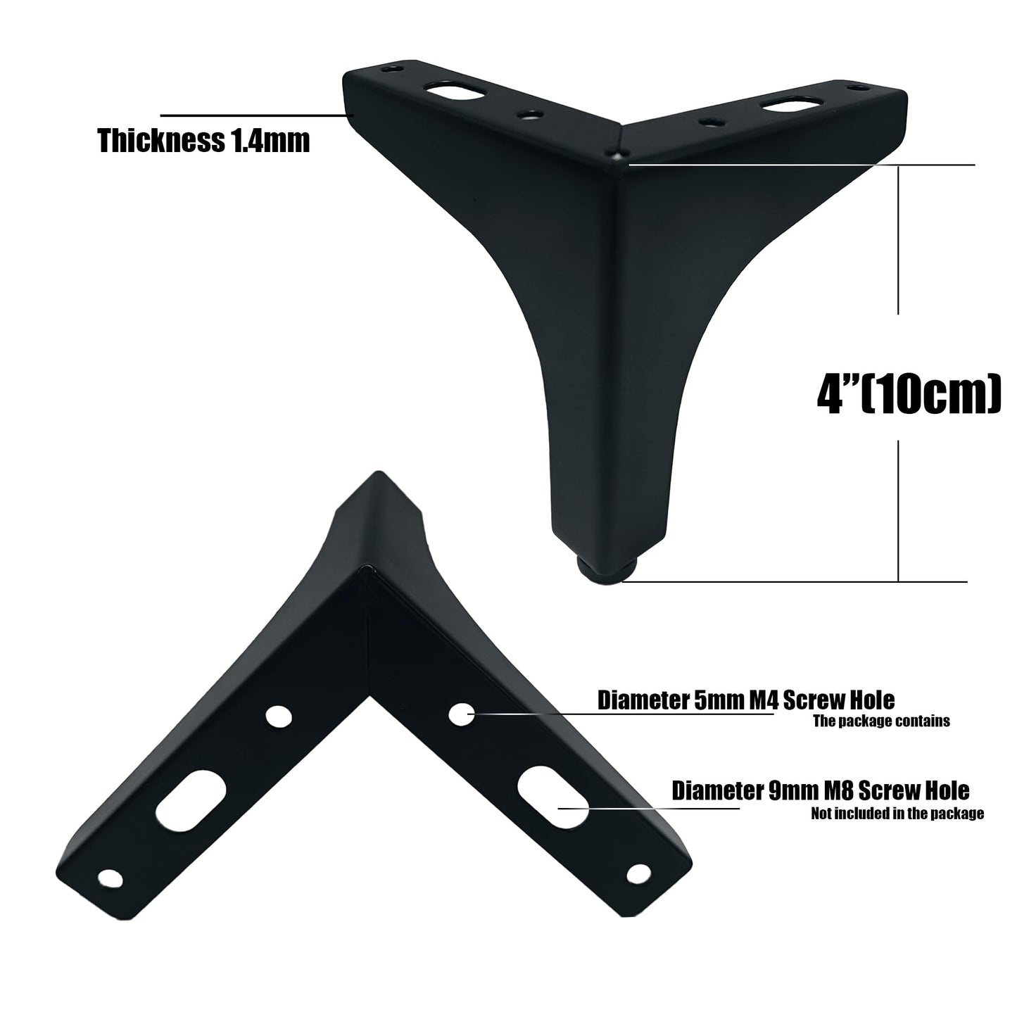 4 Pack 4" Matte Black Metal Furniture Legs, 1.4mm Thickness Metal Cabinet Feet(Black)
