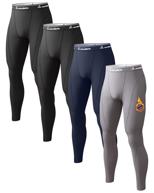 CL convallaria Long Johns for Men Thermal Fleece Lined Compression Pants Athletic Leggings Base Layer Bottoms,Large,4 Pack-2 Black/Blue/Grey