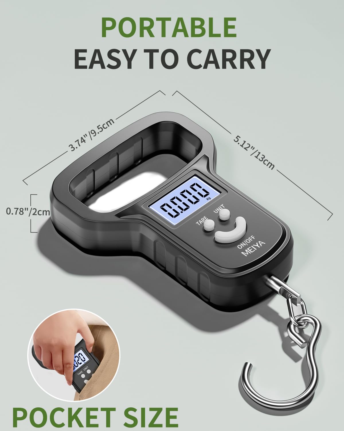 MEIYA Fishing Scale - Dual Power Rechargeable with Backlit LCD Display & Extra Wide Handle | Black
