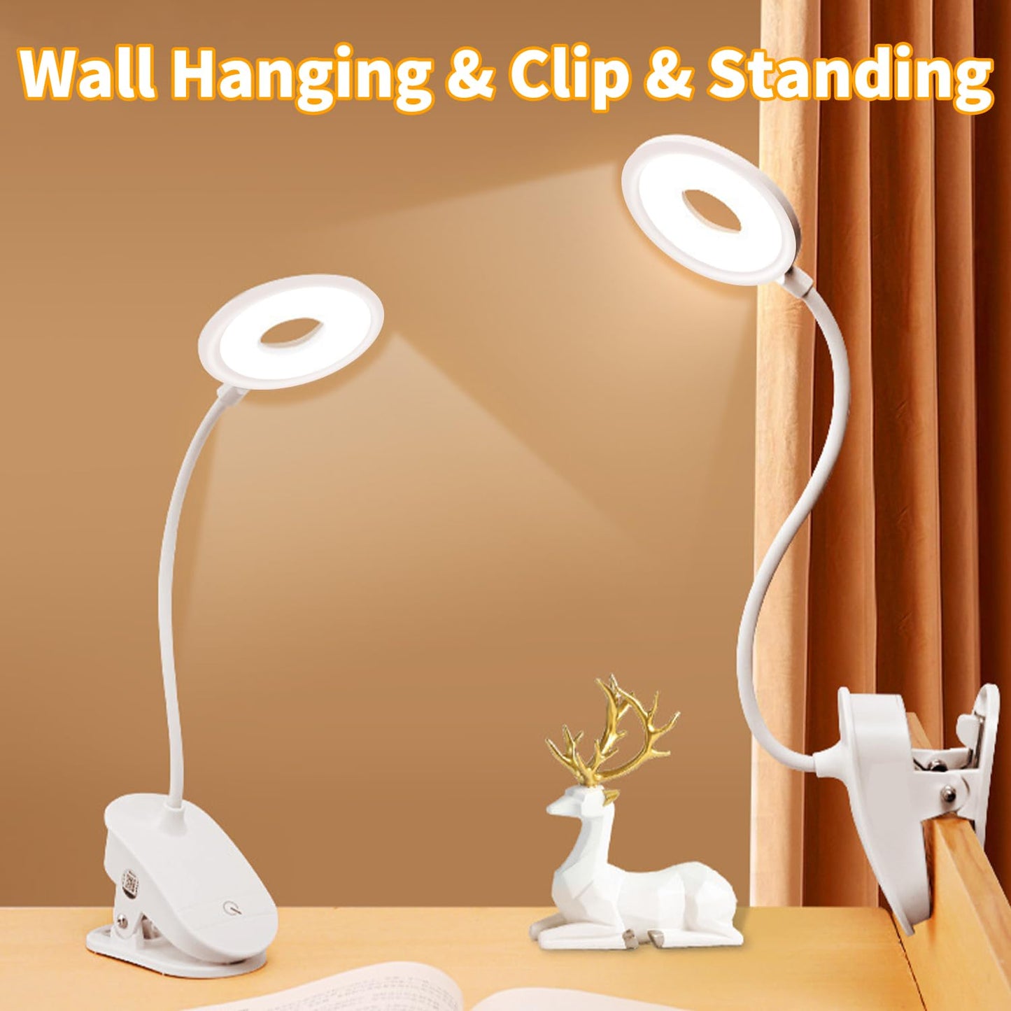 Desk Lamp Clip on Reading Light, Portable Rechargeable Desk Light Mini Clip Lamp, Dorm Room Essential Clip on Lights Wall-Mounted, Bedside Lamp with Clamp, Rechargeable Reading Lights for Dorm Makeup