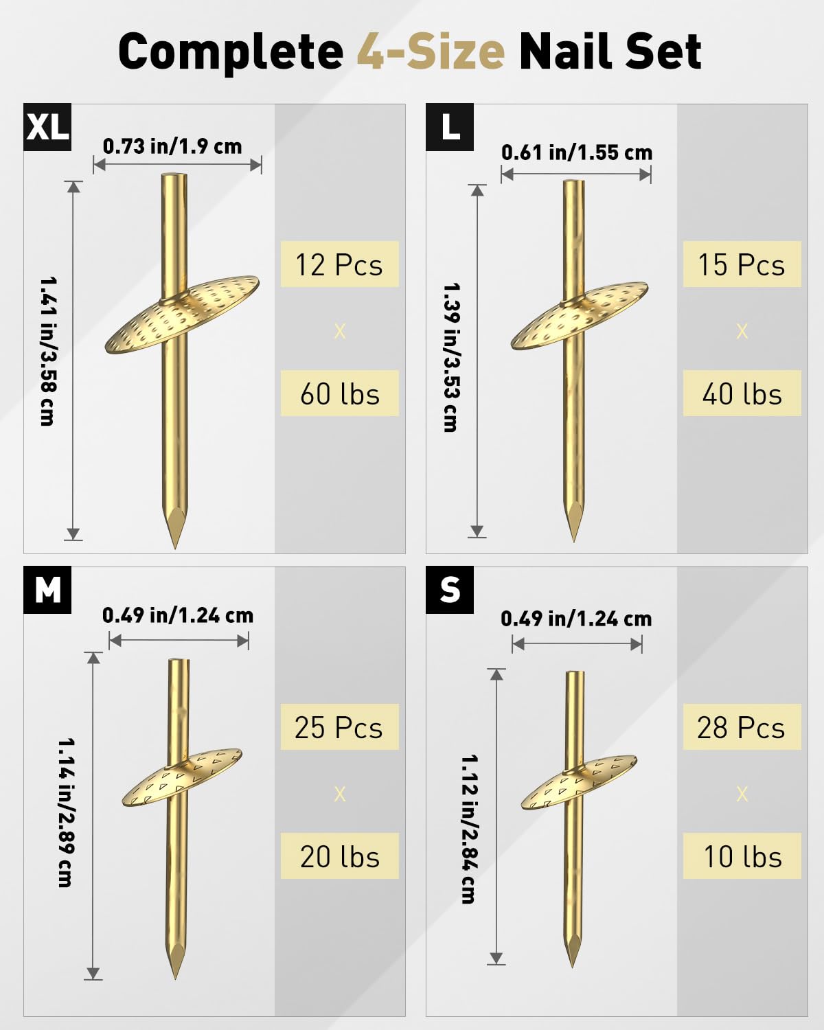 Uniclife 80 Pcs Picture Hangers, Picture Hanging Kit, 4 Size Picture Hanging Hooks, Picture Hanging Nails, Long Picture Hooks for Photo Frame Art Mirror and Décor, Gold