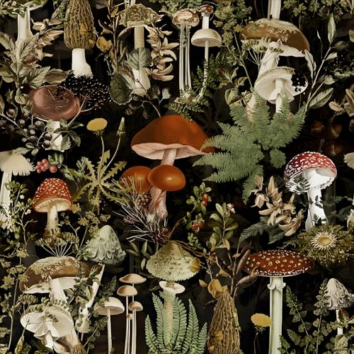 Jeweluck Floral Peel and Stick Wallpaper Mushroom Contact Paper 17.7 in x 24.2 ft Flower Removable Wallpaper Forest Peel and Stick Black Decorative Vinyl