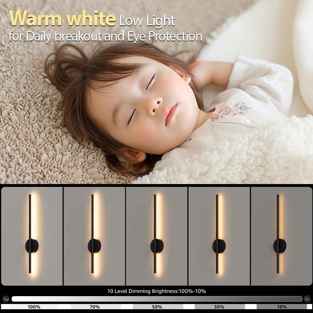 Black Battery Operated Wall Sconces 2 Packs with Remote Control, Dimmable Rechargeable Wall Sconces, 360°Rotate, LED Wireless Stepless Dimming Wall Lights for Living Room, Hallway, Bedroom 23.6 Inch