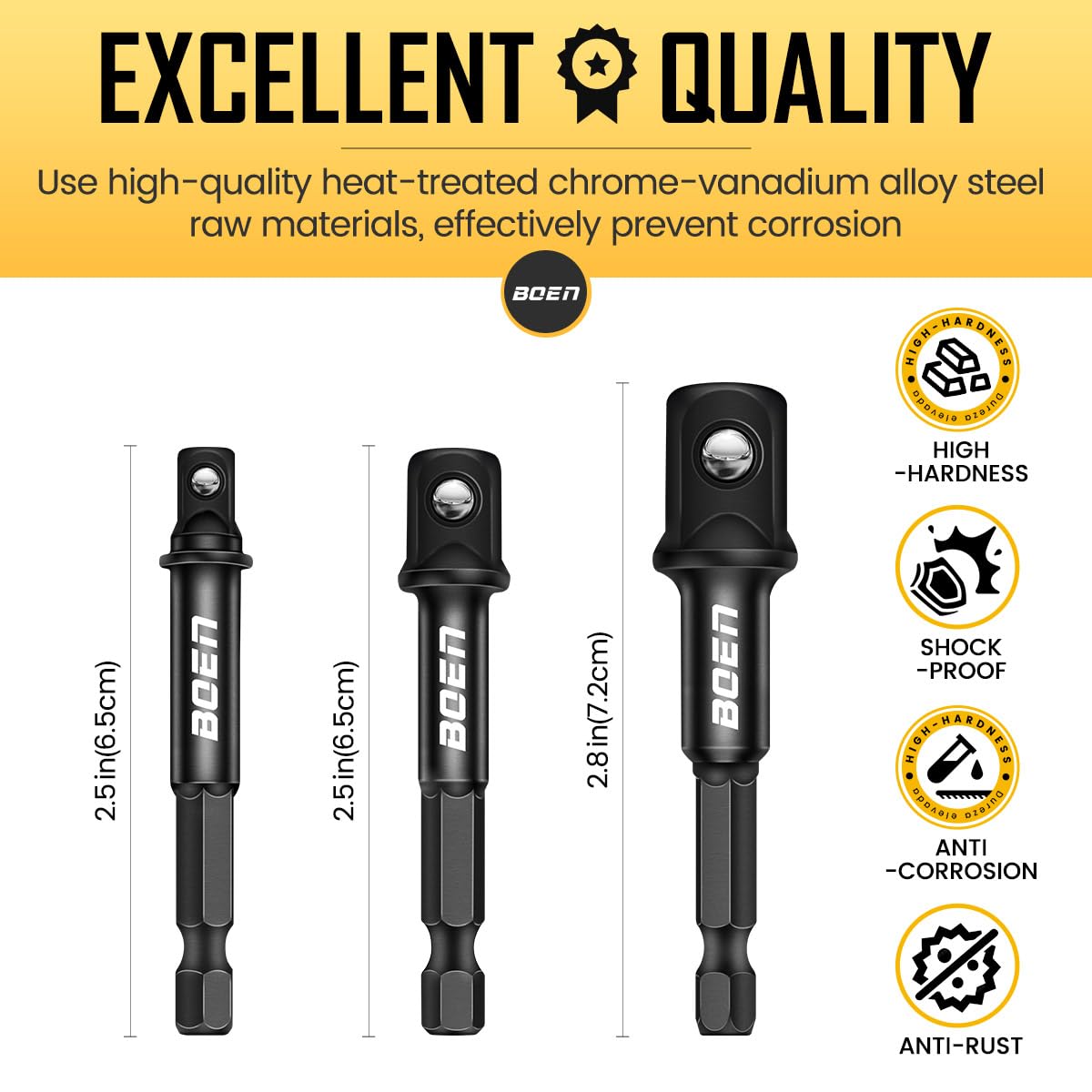 BOEN Impact Socket Adapter & Magnetic Bit Holder | 4 Pieces of 1/4-Inch Hex Shank Extension to 1/4", 3/8", and 1/2" Drive