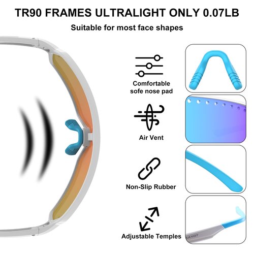 HAAYOT Polarized Cycling Glasses,Sports Sunglasses for Men Women,Baseball Running Fishing Biking Sunglasses with 3 Lenses White Azure Blue