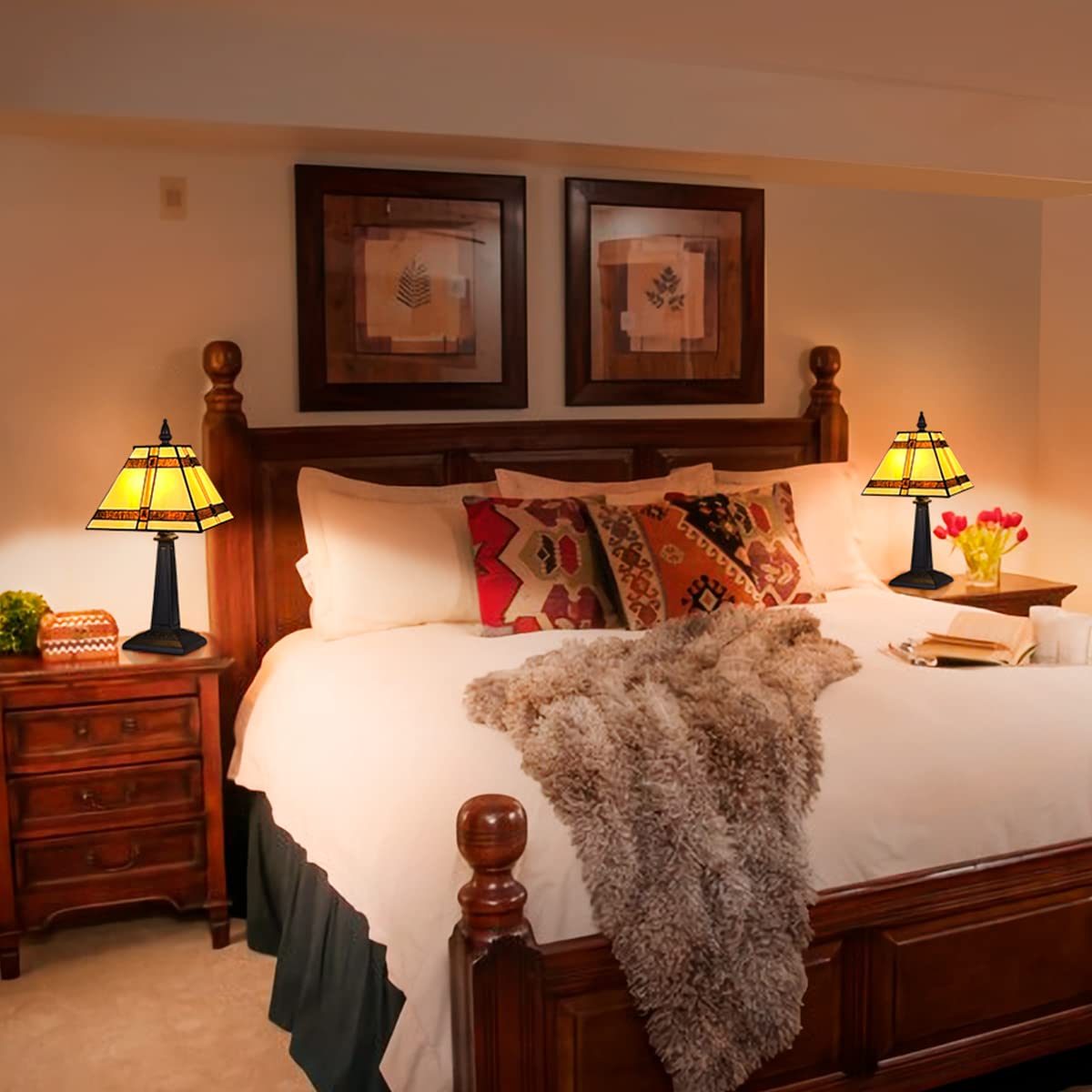 COTOSS Tiffany Table Lamps,Small Handcrafted Stained Glass Accent Table Light,Amber Mission Style Antique Desk Lamp for Bedroom Living Room Home Office