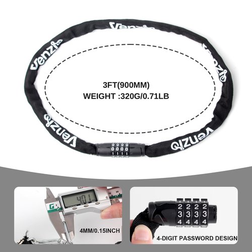 Venzio 4-Digit Combination Bike Chain Lock, Keyless 4mm x 900mm (3FT) Anti-Theft Security Lock for Bicycle, E-Bike, Scooter, Fence, Gate, Door, with Zinc Alloy Core & Fabric Sleeve