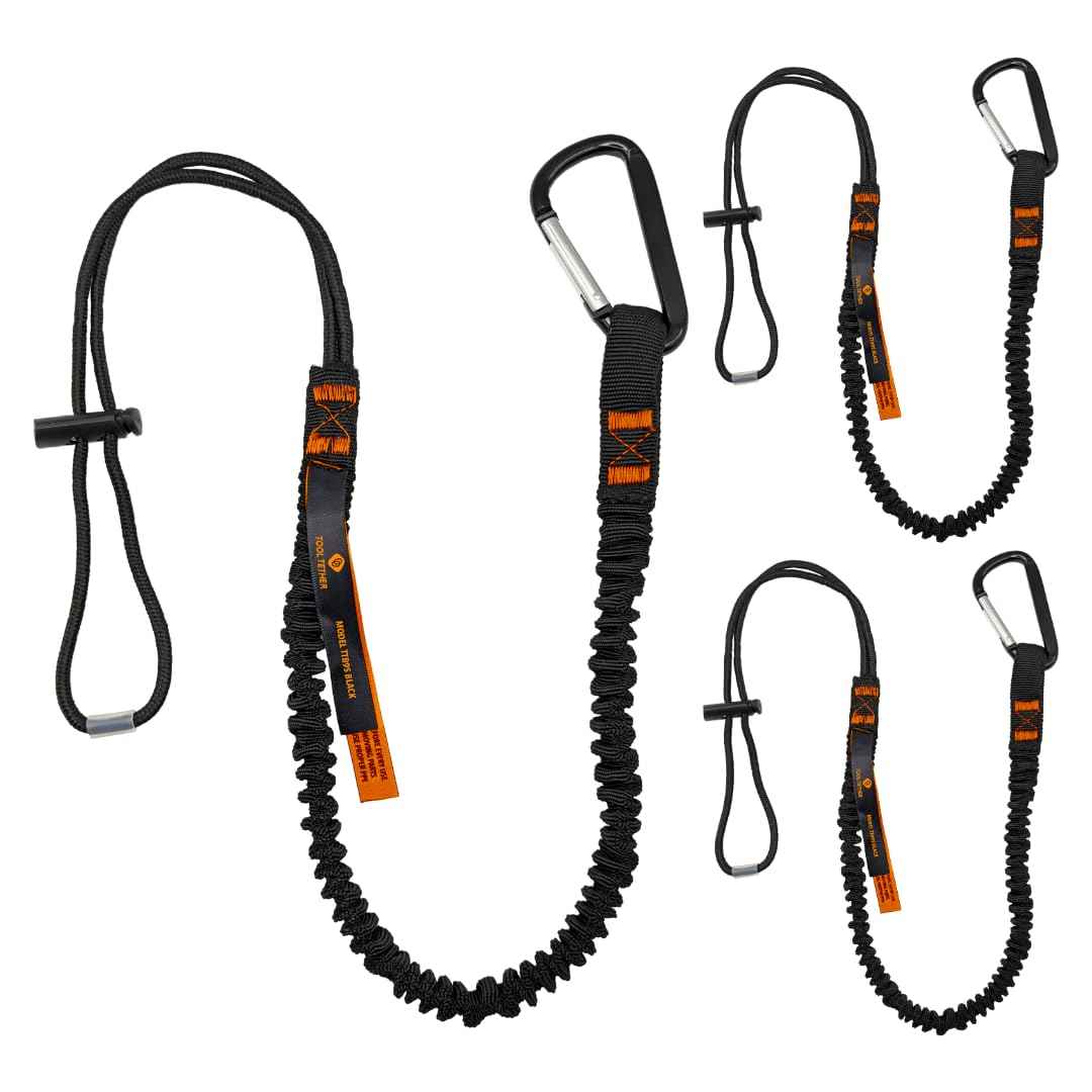 Tool Lanyard with Spring Locking Aluminum Carabiner & Adjustable Loop End, 153 cm Working Length, Max Load 9KG - Tool Safety for Scaffolding & Working at Height - 3 Pack