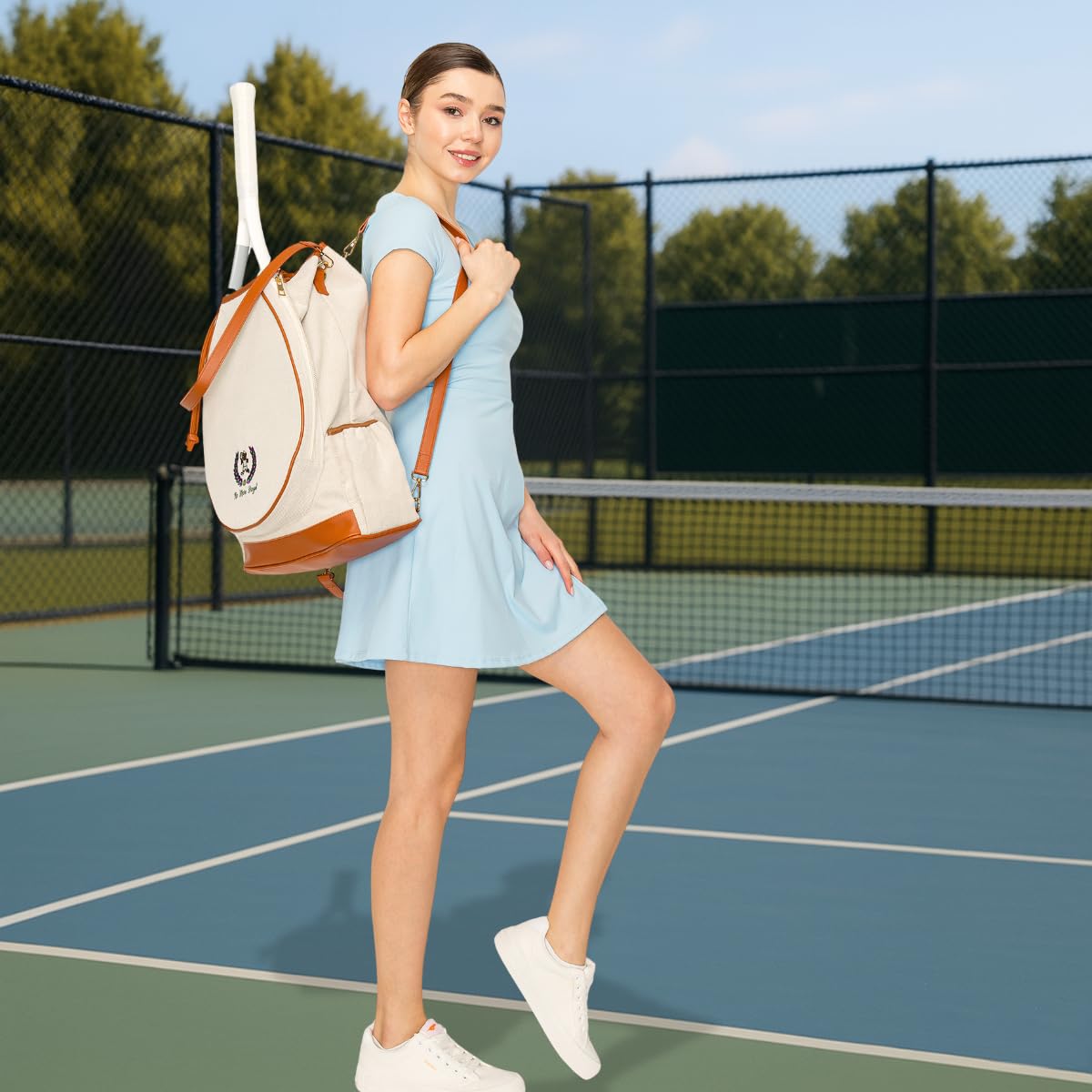 Mini Momo Tennis Bag for Women Racket Tote, Stylish Backpack - Unisex Racquet Sports Pickleball Bag Convertible Shoulder, Crossbody Strap Large Compartment (Backpack - Racket Bear Edition)