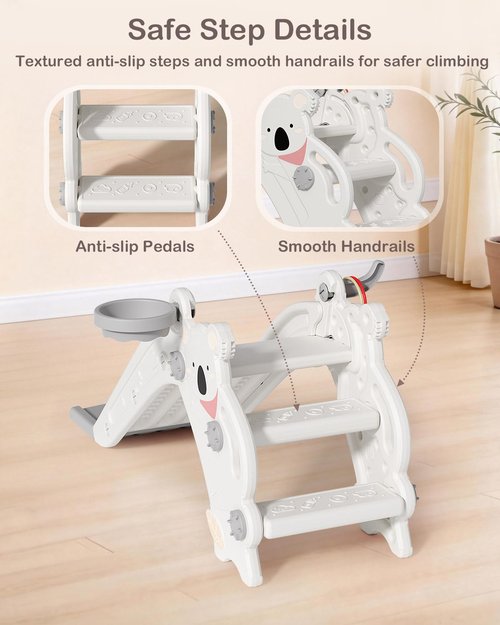 Babytronic Toddler Slide - 4-in-1 Indoor & Outdoor Playground with Climber, Basketball Hoop & Ring Toss - Cream & Gray
