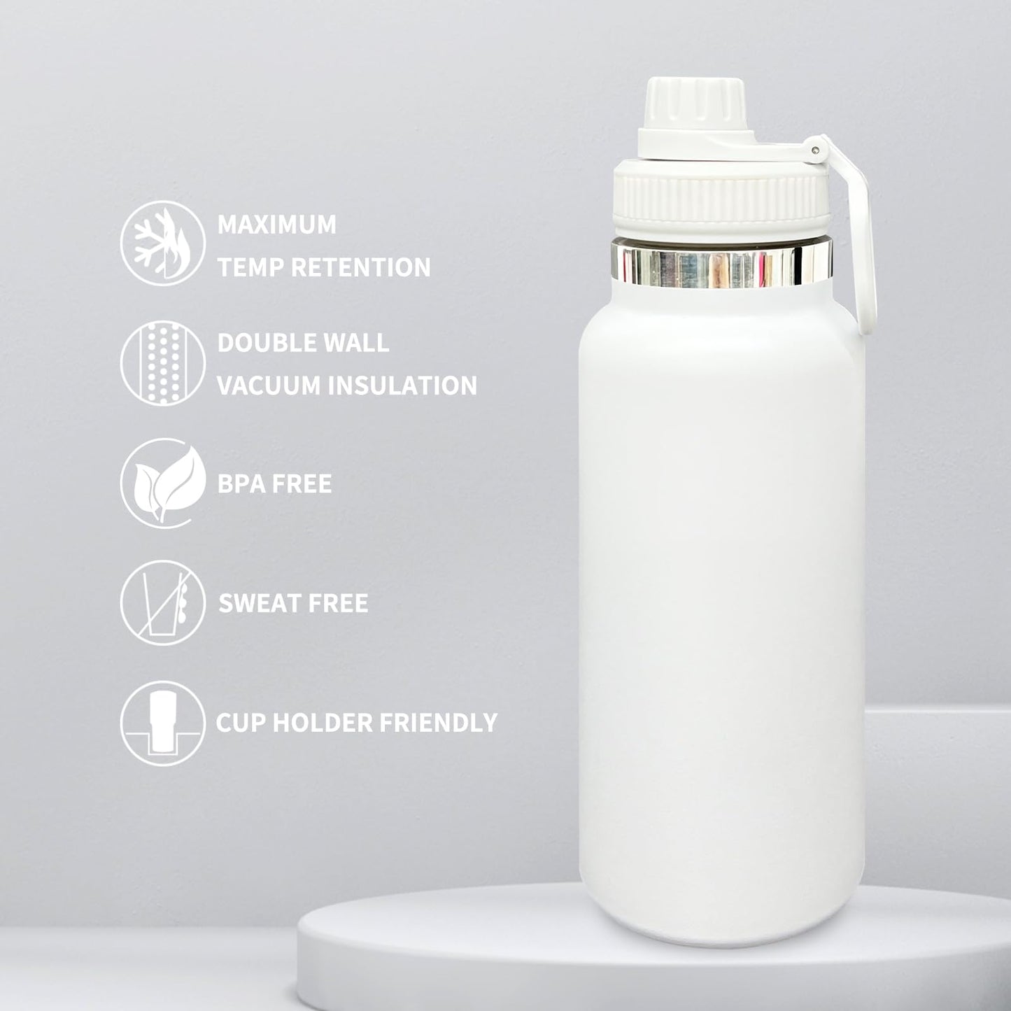 FunTrans 32 oz Insulated Water Bottle with Spout Lid - Double Wall Vacuum Sports Water Bottle - Powder Coated Cup for Gym Camping Hiking(White,1 pack)