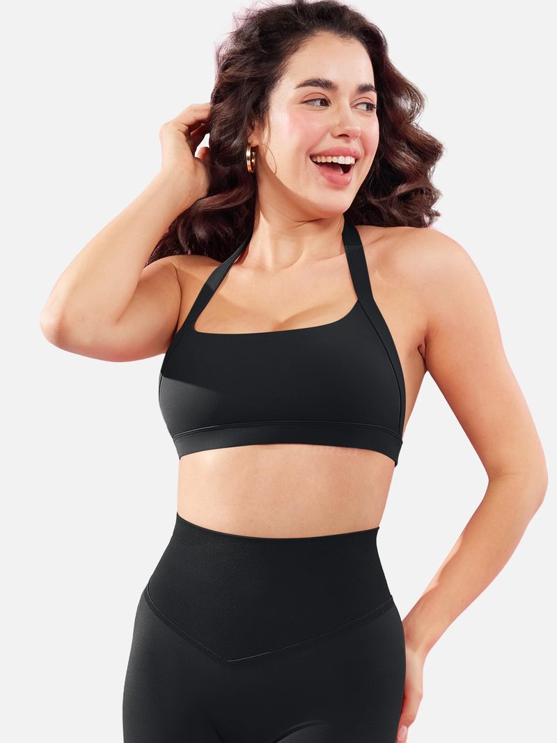 YEOREO Roxanie Women Halter Sports Bra Scoop Neck Removable Padded Open Back Yoga Workout Crop Tank Top Black M