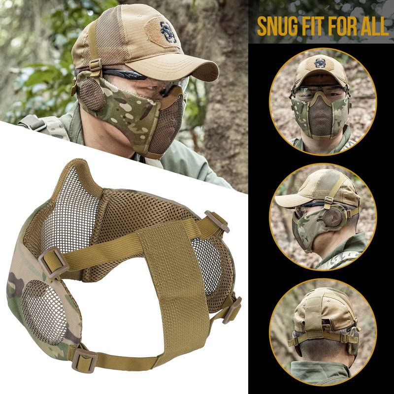Foldable Camo Airsoft Steel Mesh Half Face Mask with Ear Protection