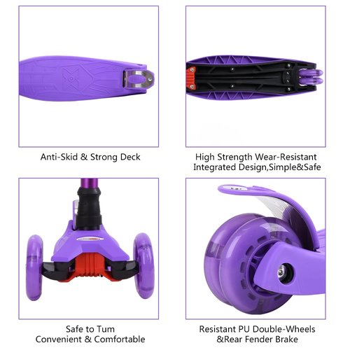 ChromeWheels Scooters for Kids, Deluxe 3 Wheels Kick Scooter 4 Adjustable Height 132lbs Weight Limit, Lean to Steer LED Light Up Wheel, Best Gifts for Girls Boys Ages 3-12 Years Old, Purple