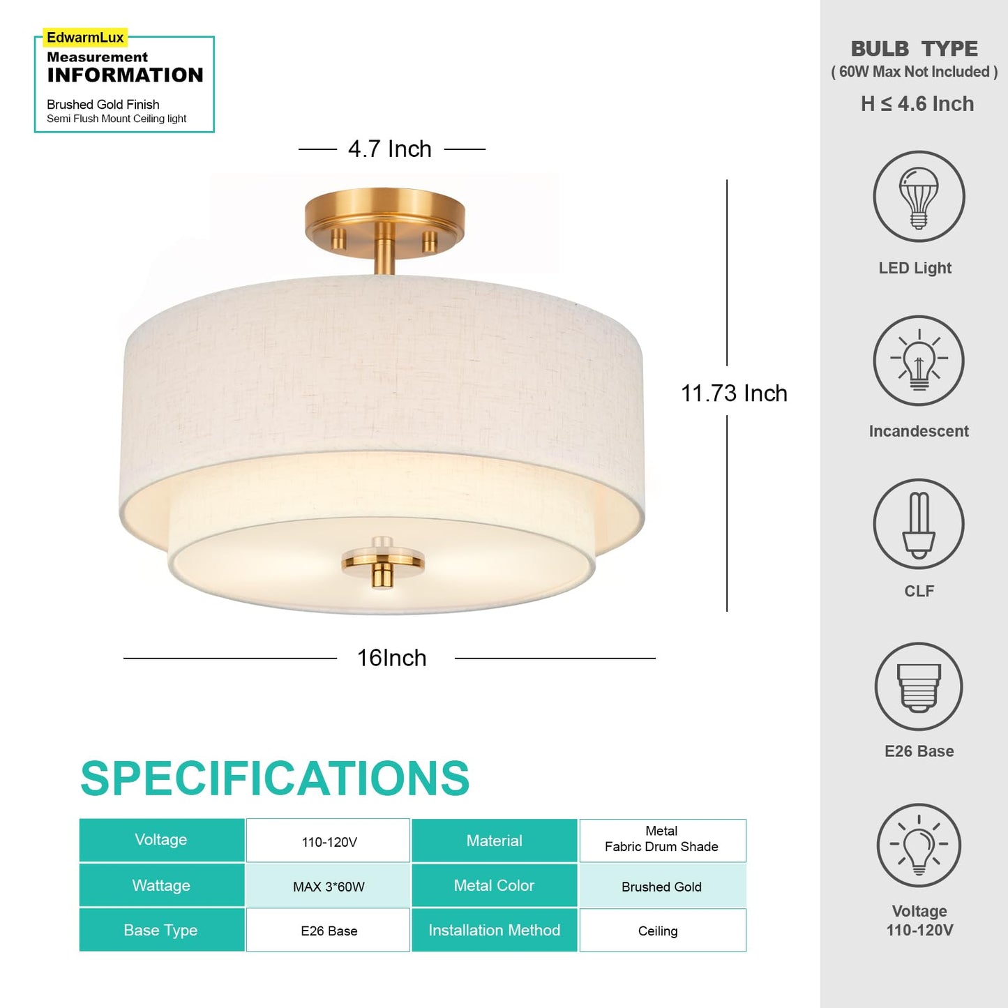 Edwarmlux 3-Light Semi Flush Mount Ceiling Light, 16" Drum Light with White Fabric Shade, Modern Close to Ceiling Lamp for Living Room Bedroom Dining Kitchen Hallway Entry (Brushed Gold)