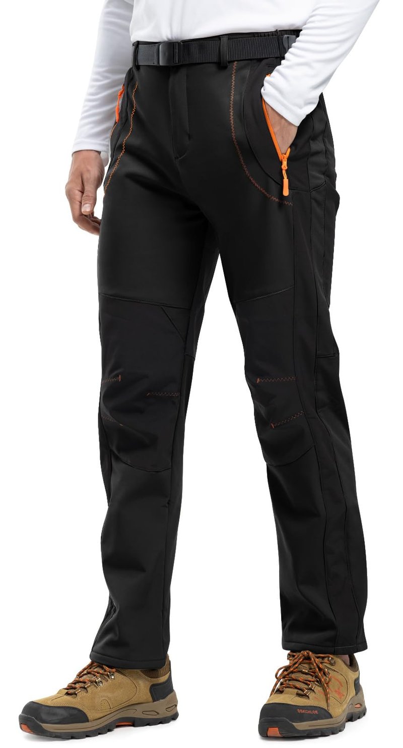 Rdruko Men's Snow Ski Pants Waterproof Insulated Winter Fleece Lined Hiking Snowboard Pants with Belt(Black,US 3XL)