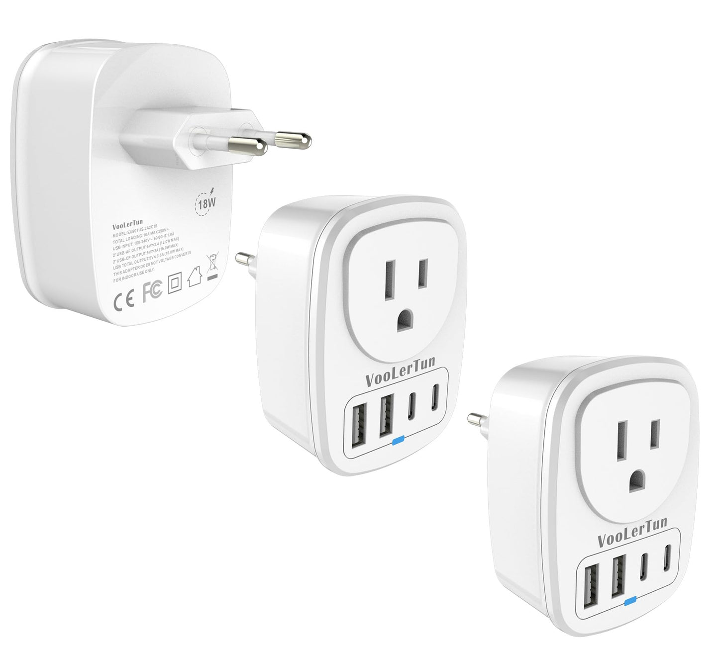 2 Packs Type C Plug Adapter, VooLerTun Denmark Germany Frence Travel Adapter with 4 USB Charger Ports (2 USB C) Power Adapter, 1 American Outlet Adapter. US Converter for EU European Travel