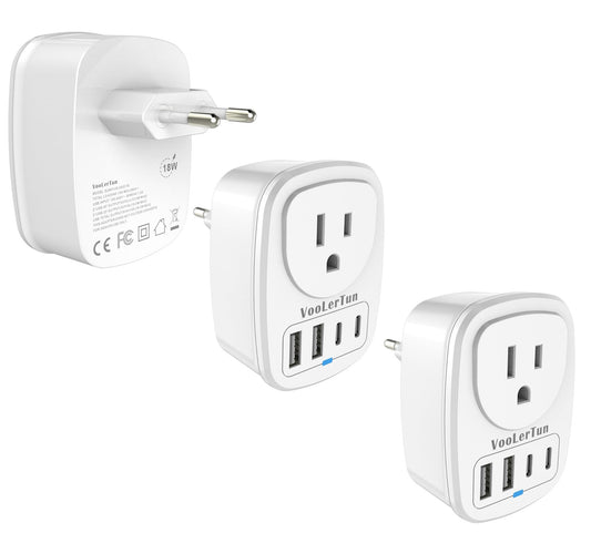 2 Packs Type C Plug Adapter, VooLerTun Denmark Germany Frence Travel Adapter with 4 USB Charger Ports (2 USB C) Power Adapter, 1 American Outlet Adapter. US Converter for EU European Travel