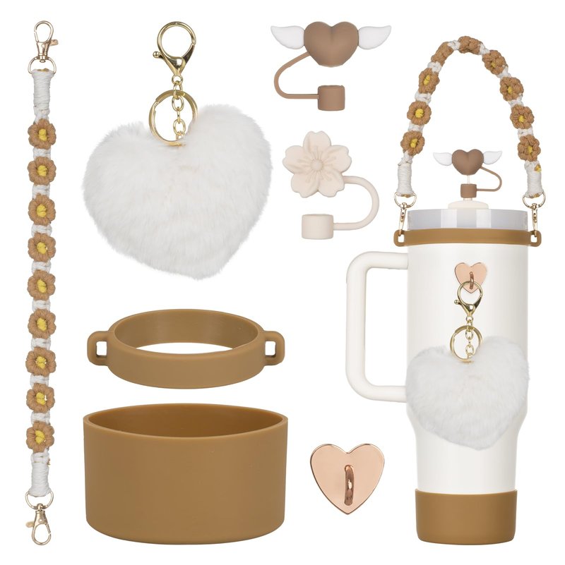Rabrgab 7Pcs Khaki Stanley Cup Accessories Set with Handle Strap, Love Heart/Flower Straw Topper Straw Cover Cap, Silicone Boot, Love Heart Charms for Water Bottle Tumbler 20oz 30oz 40oz