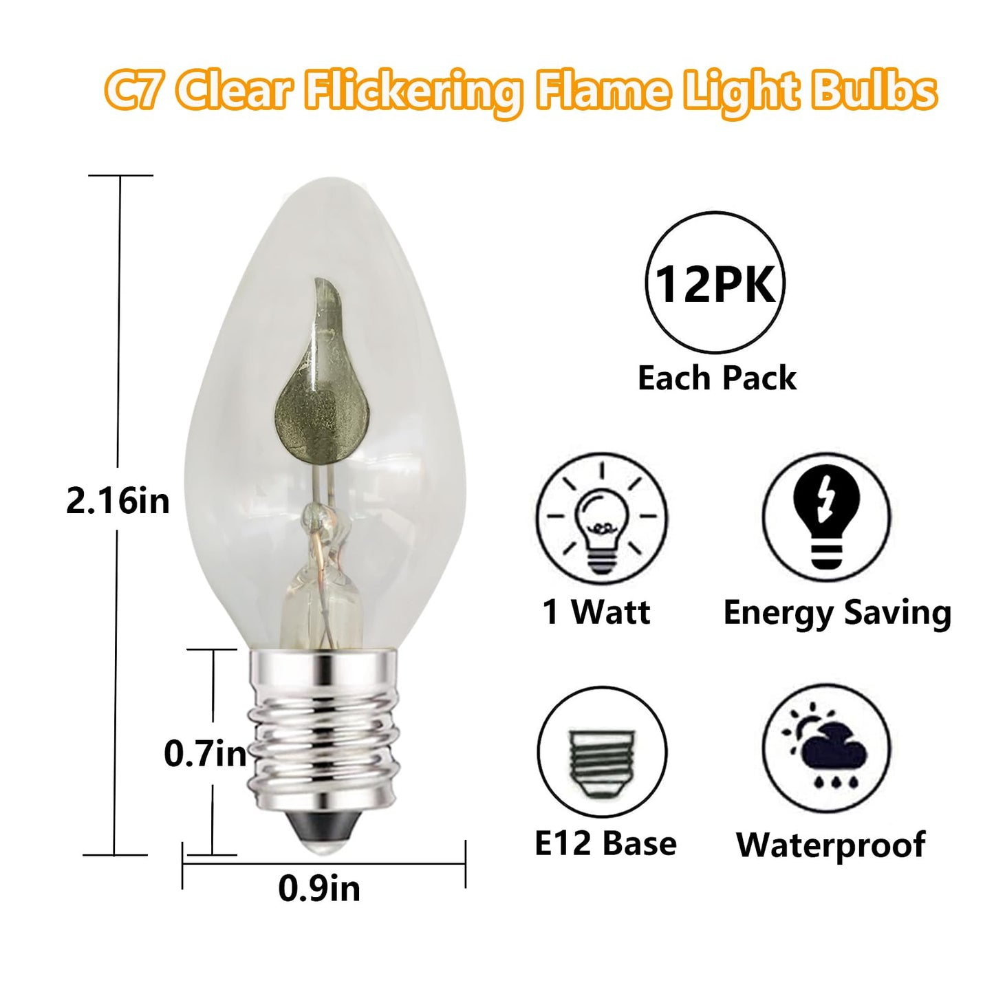 Flickering Flame Light Bulbs, C7 Clear E12 Base Night Light Bulb, 1 Watt, 12 Pack - for Outdoor Lights, Nightlight, Candle Chandelier, Halloween Christmas Decor
