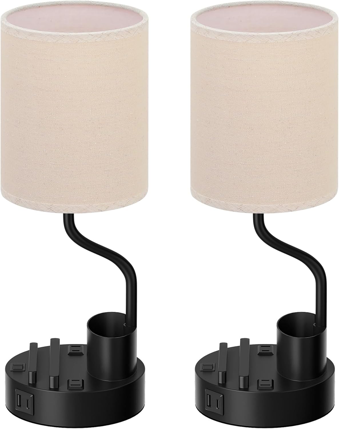 Set of 2 Bedside Table Lamps with USB & AC Outlet - 3 Color Temperatures, Desk Light & Phone Stand for Bedroom, Living Room, Office