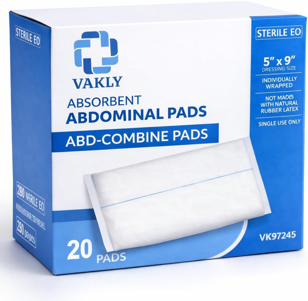 Vakly ABD Pads - Sterile 5x9 Inch Gauze Pads | High Absorbency Non-Adherent Wound Dressing (20 Pack)