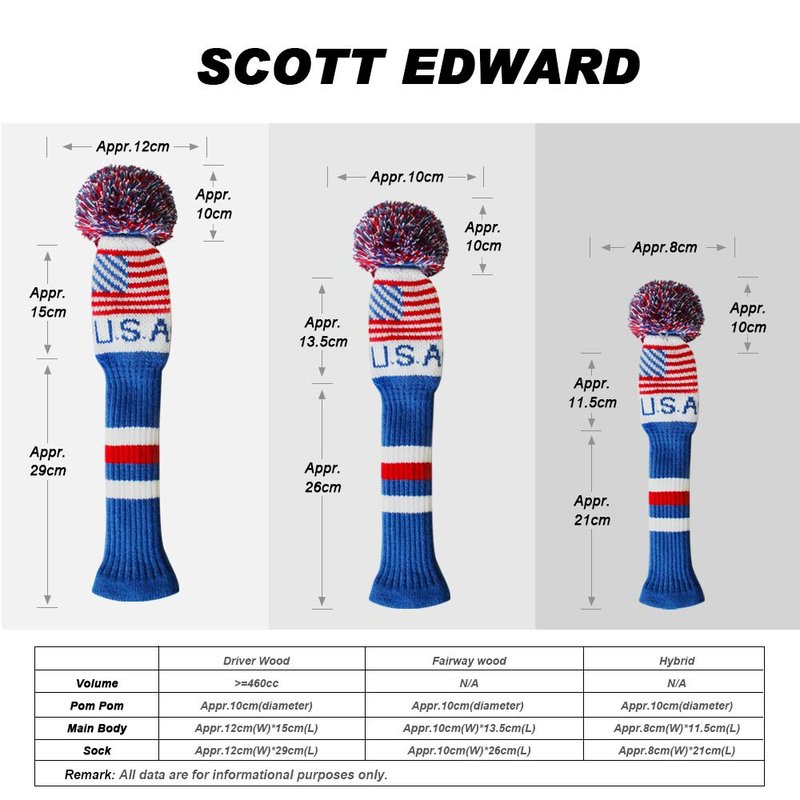 Scott Edward USA Flag Patriotic Golf Club Covers Set of 4 Driver*1 Fairway*2 Hybrid/UT*1 Anti-Pilling Anti-Wrinkle Washable Acrylic Yarn Knit Golf Club Head Covers for Golfers