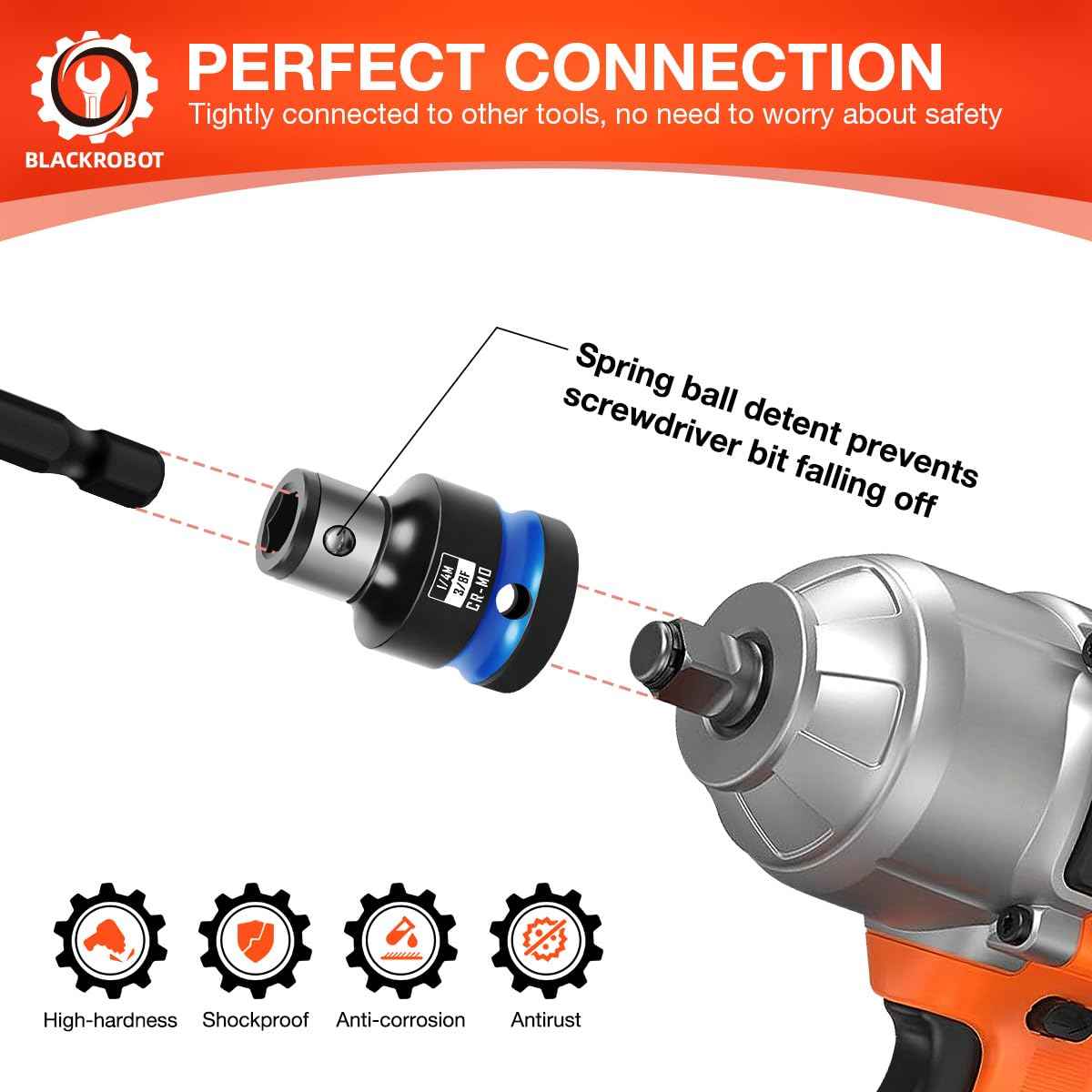 BLACKROBOT 6PCS Impact Bit Holders 1/2 3/8 1/4 Inch Square Drive to 1/4 Inch Hex Socket Adapter for Impact Wrench Ratchet, Cr-Mo