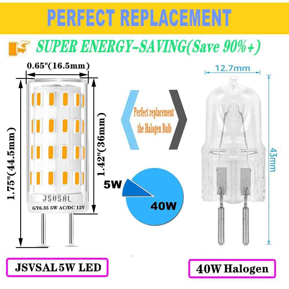 JSVSAL GY6.35 LED Bulb Dimmable,T4 JC Type GY6.35/G6.35 Bi-pin Base,AC/DC 12V Warm White 2700K 5W Equivalent to 40-50W Halogen Bulb for Pendant Light,Chandelier,Desk Light,Landscape Lighting,6-Pack
