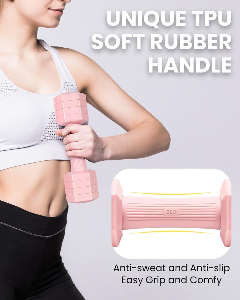 Adjustable Dumbbells Set, 4 in 1 Hand Weights Set for Women Men 10 LB Dumbbell Pair Each 2lbs 3lbs 4lbs 5lbs Weights Dumbbells Set with TPU Soft Rubber Handle for Home Gym Exercise Fitness - Pink