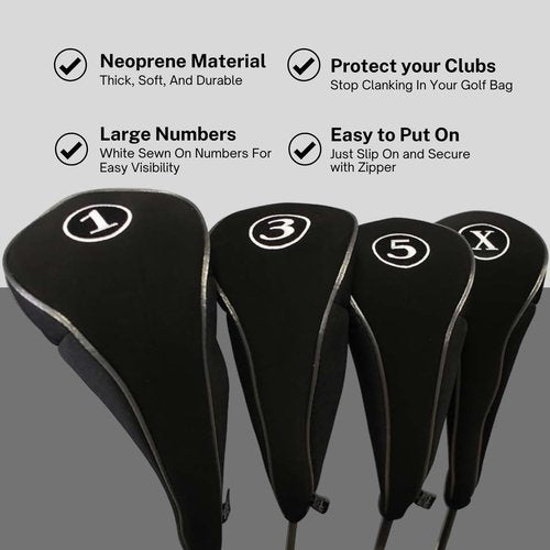 Black Golf Zipper Head Covers Driver 1 3 5 X Fairway Woods Headcovers Metal Neoprene Traditional Plain Protective Covers Fits All Fairway Clubs and Drivers up to 460cc for Golfing Buddies