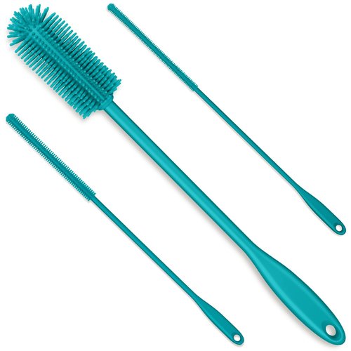 Purtribe 3-in-1 Silicone Bottle Brush and Straw Cleaning Brush Set, Water Bottle Cleaner for Narrow Neck Containers, Tumblers, Flask, Vase and Glassware (Turquoise)