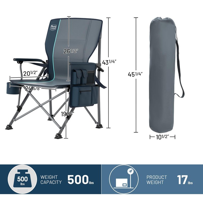 Timber Ridge Oversized Folding Camping Chair with Lumbar Support Adjustable High Back Heavy Duty for Adults Support up to 500lbs with Cup Holder, Cooler Bag, Side Pocket, Blue