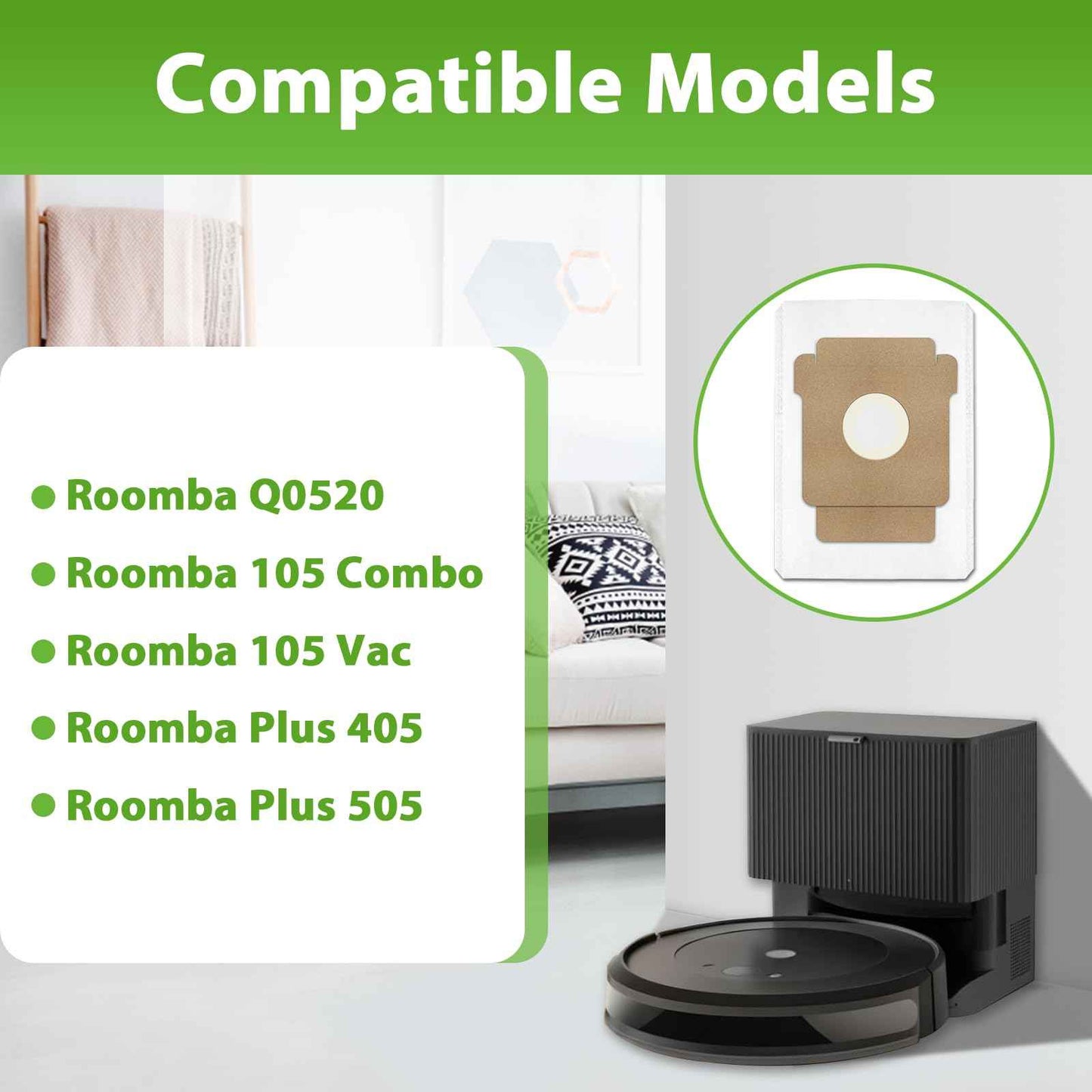 KGC Q0520 Dust Bags (10 Pack) for iRobot Roomba Vacuum 2 Essential，Q0520/ 105 Vac/ 104/105 Combo/Plus 405/Plus 505 Combo/Max 705 Vac Robot Vacuum Cleaner Disposable Replacement Bags Accessories