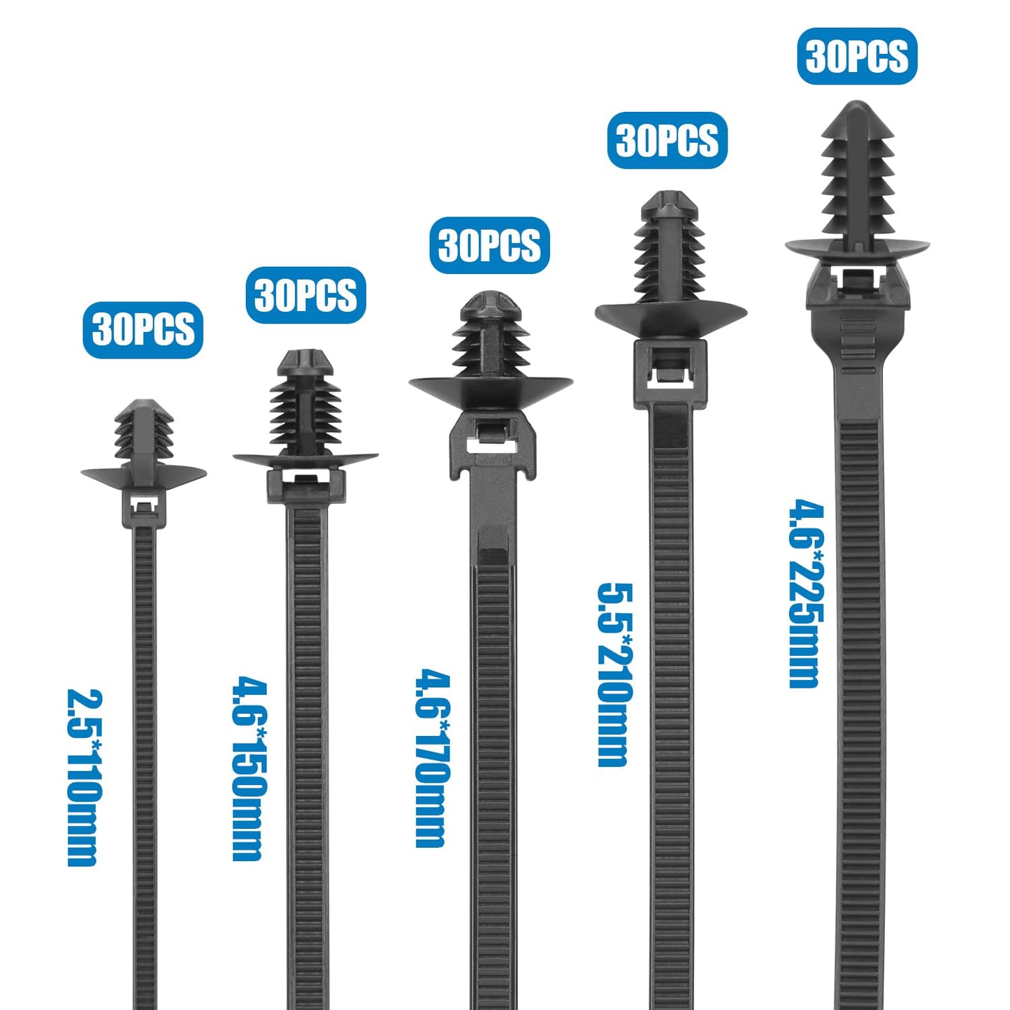 XINGO 150 PCS Push Mount Zip Ties-5 Types, Nylon Car Mount Wire Tie Snap in Cable Zip Ties, Black Push Mount Cable Ties Automotive Zips Tie Fastener Wire Harness Clips for Wire Tying