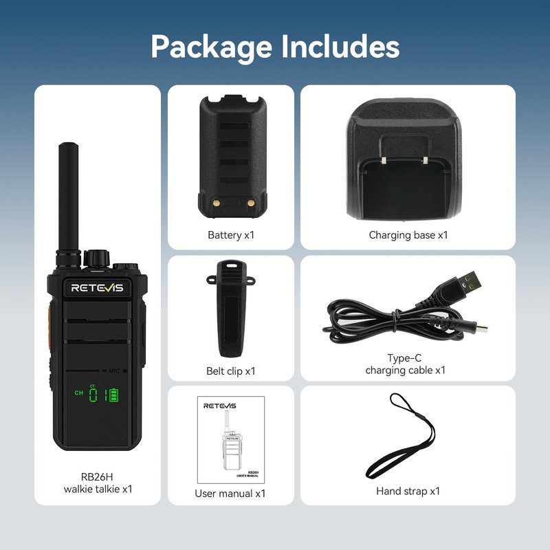 Retevis RB26H GMRS Radio Long Range,Professional Grade Two Way Radio,Hidden Display,Type-C,Built in NOAA Flashlight VOX,Easy to Pair,High Performance Walkie Talkie for Camping Road Trip (1 Pack)