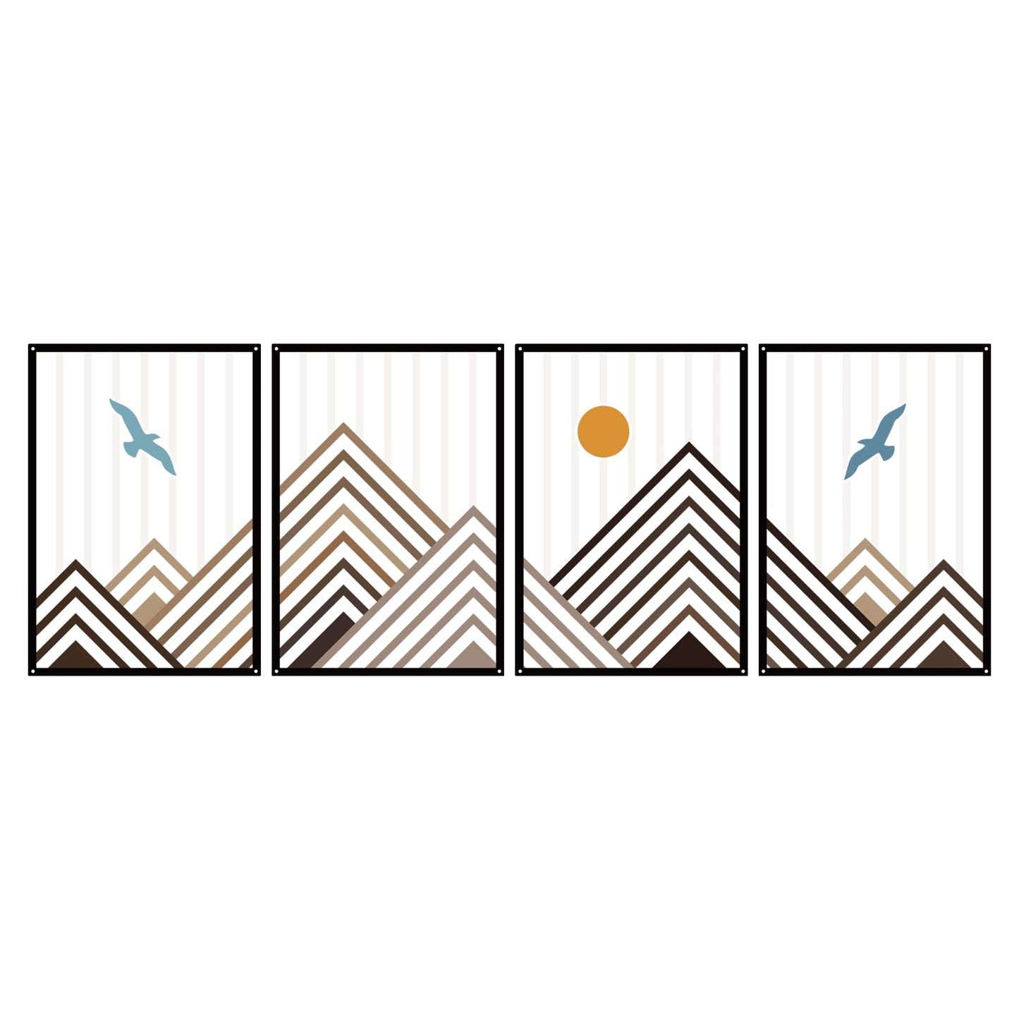 Resama 4 Pcs Geometric Mountain Wall Art, Bird & Sun Nature Metal Wall Decor, Modern Abstract Mountain Range Wall Sculpture for Living Room Bedroom, Minimalist Home Hanging Art