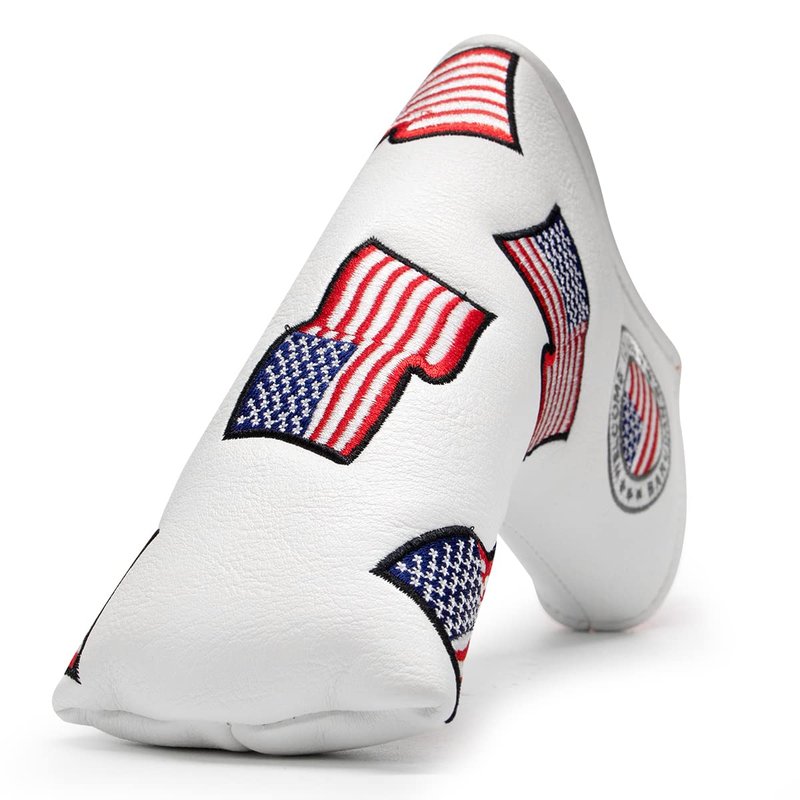 US Flag Putter Headcover - Premium Leather Magnetic Head Cover - White Golf Accessory