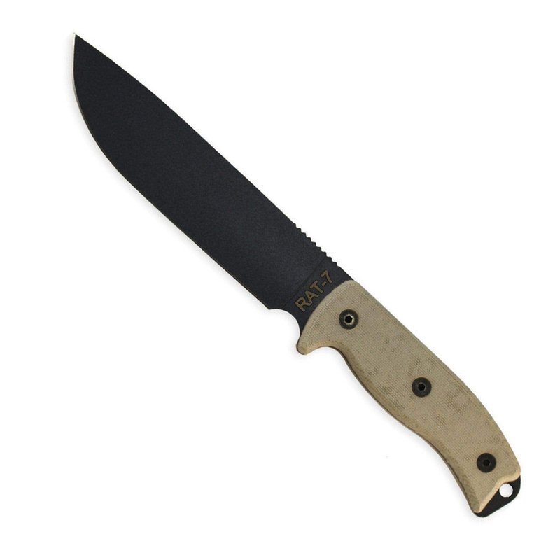 Ontario Knife Co. 8668 Rat-7 Fixed Blade Knife 7" Drop Point 1095 Black Carbon Steel Blade 5" Tan Micarta Handle for Outdoor, Tactical, Survival, Bushcraft, and EDC