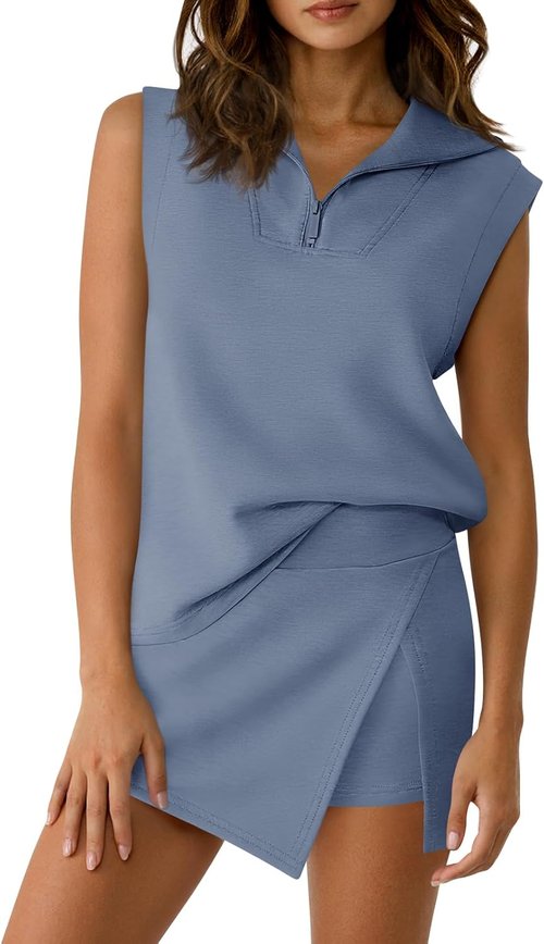 Fisoew Women's 2-Piece Skirt Set - Summer Sleeveless Half Zip Sweatshirt & Athletic Skorts Outfit