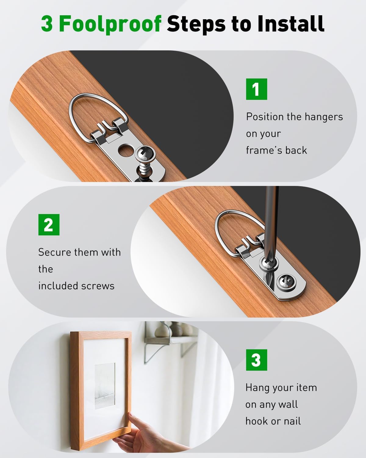 Uniclife 60 Pcs D Ring Picture Hangers with Screws, 40 lb Load Heavy Duty Picture Hanging Hardware, Double Holes Picture Hooks, D Rings for Picture Frame Hanging, D Hooks for Paintings Mirrors Clocks