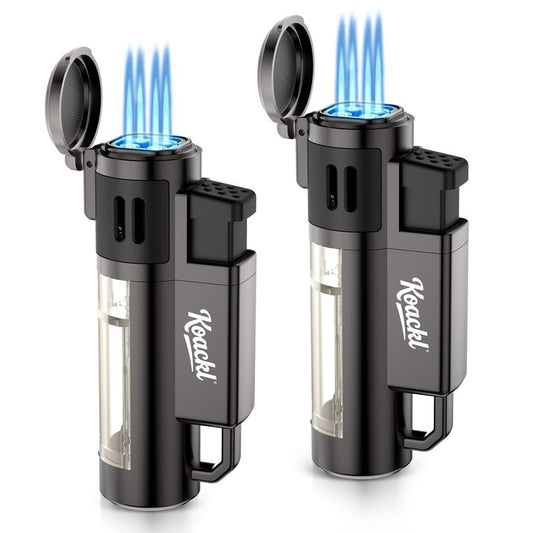 KOACKL Torch Lighter, Refillable Windproof Adjustable Quad Jet Flame Butane Lighter for Candle Grill BBQ Camping Fireworks, 2 Pack (No Fuel Included)